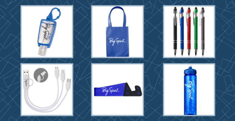 affordable promotional products including pens, notepads, tote bags, and tech accessories