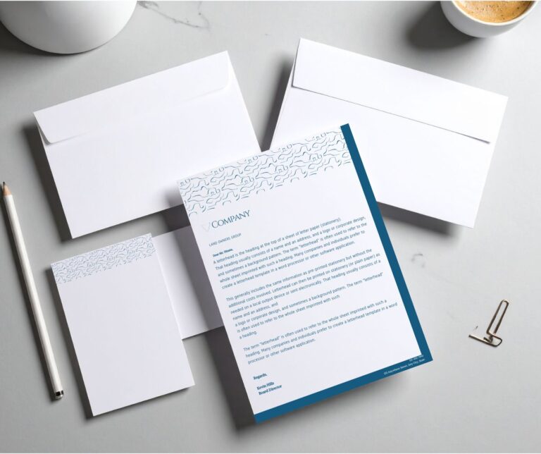branded promotional stationery items displayed on a desk