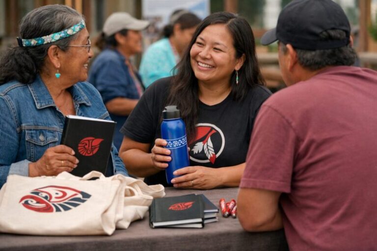 ndigenous community members sharing custom imprinted promotional items at an outreach event