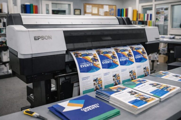 Large format printer producing flyers inside a local custom print shop