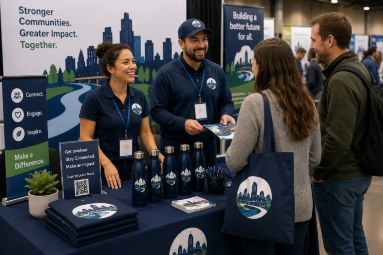 Branded goods including apparel, signage, and giveaways for events 