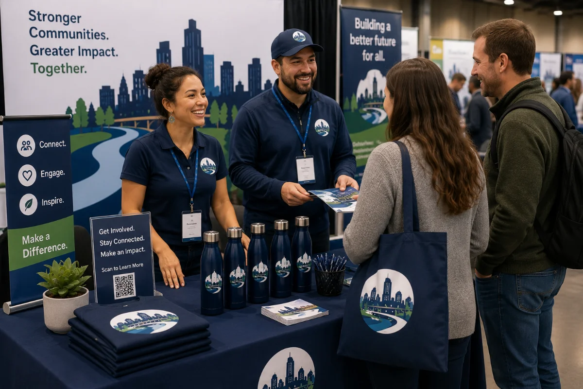 Branded goods including apparel, signage, and giveaways for events 