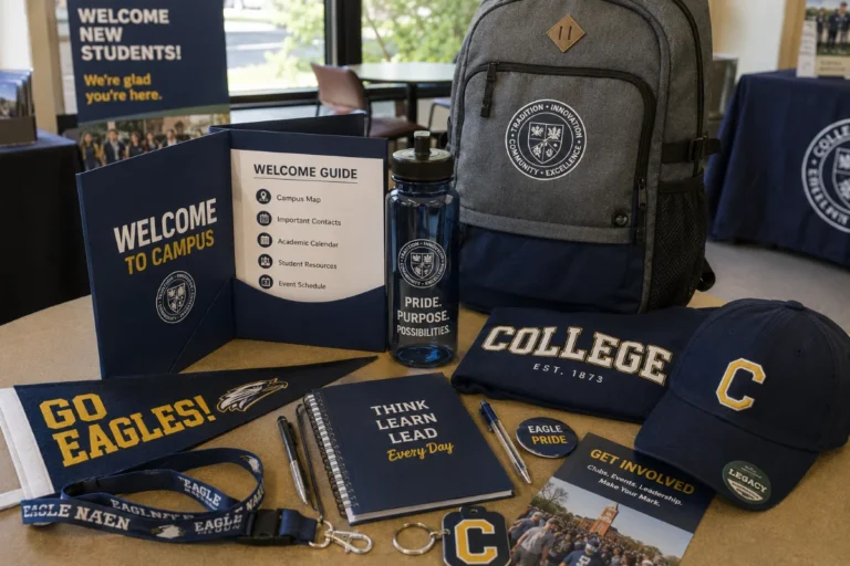 Branded welcome packets and promo products for educational institutions prepared for fall student orientation by Big Spirit Inc.