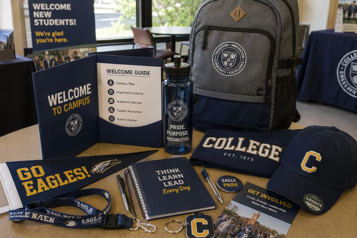 Branded welcome packets and promo products for educational institutions prepared for fall student orientation by Big Spirit Inc.