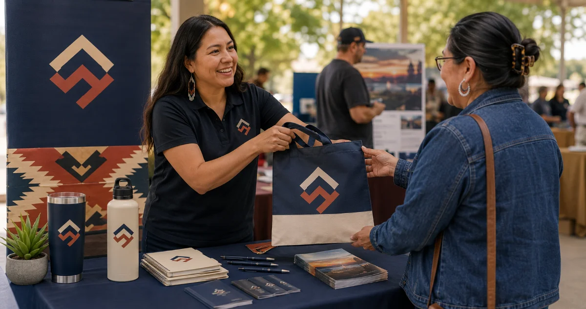 Promotional products for Native American organizations displayed at a community event, featuring culturally relevant branded materials designed by Big Spirit Inc.