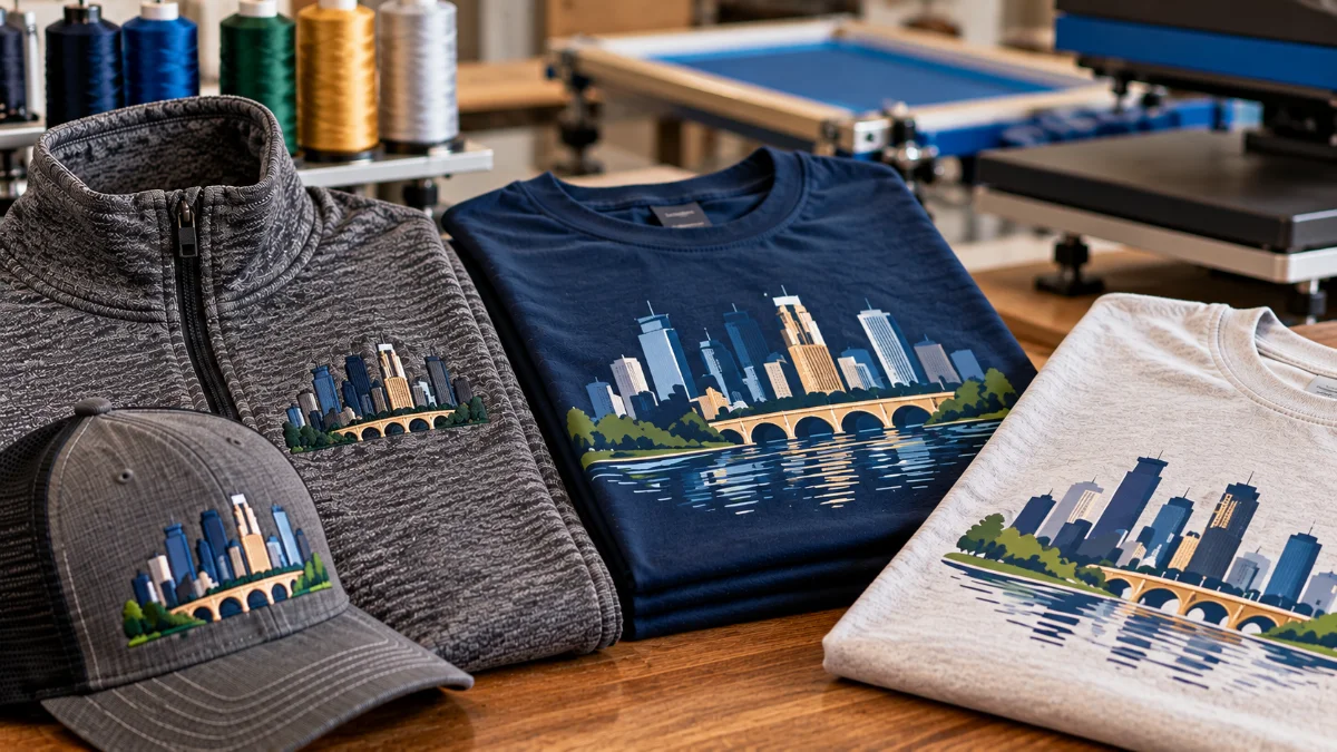 Custom apparel in Minneapolis showing embroidery, screen printing, and heat transfer