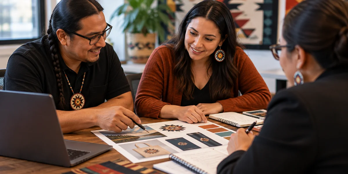 Tribal marketing agency team collaborating with an Indigenous organization on a marketing project